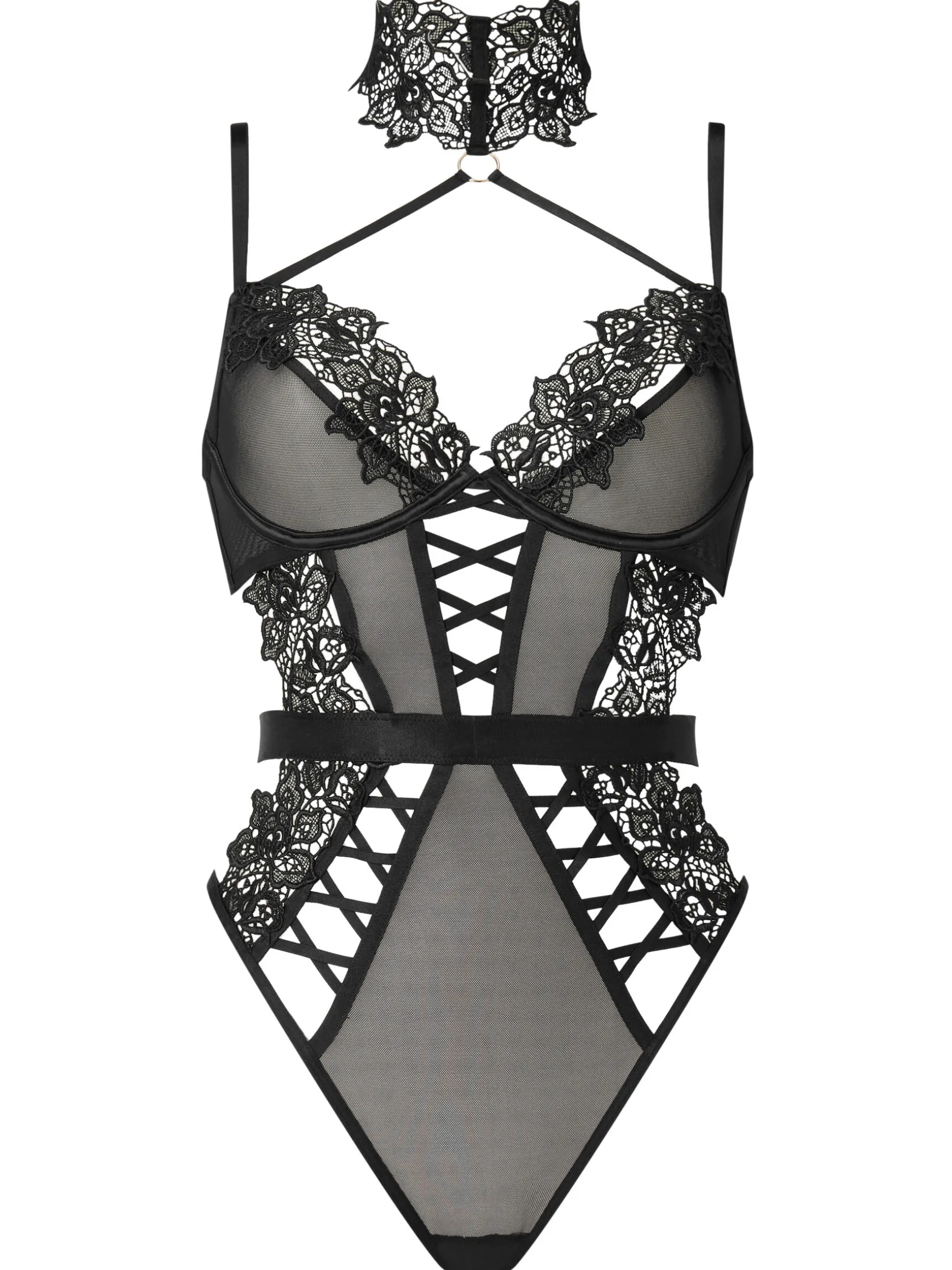 Midnight Muse Guipure Lace Crotchless Lingerie Body - Black