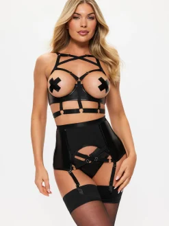 Minx PU Harness Peephole Bra - Black