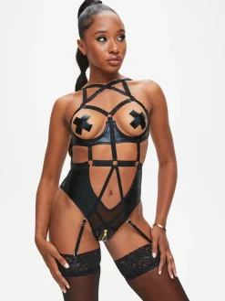 Minx PU Open Cup Crotchless Lingerie Body - Black