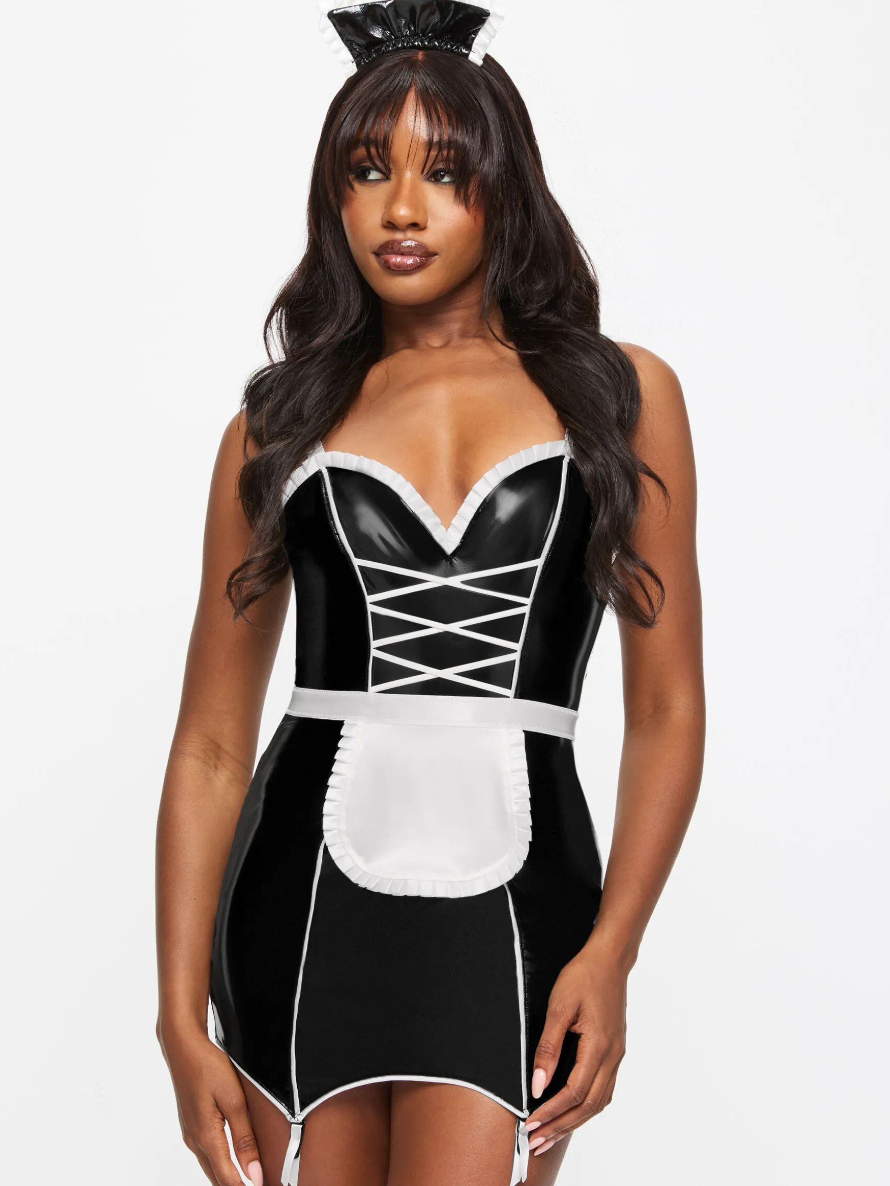 Mistress Maid 2-Piece PU Sexy Fancy Dress Costume with Headband - Black