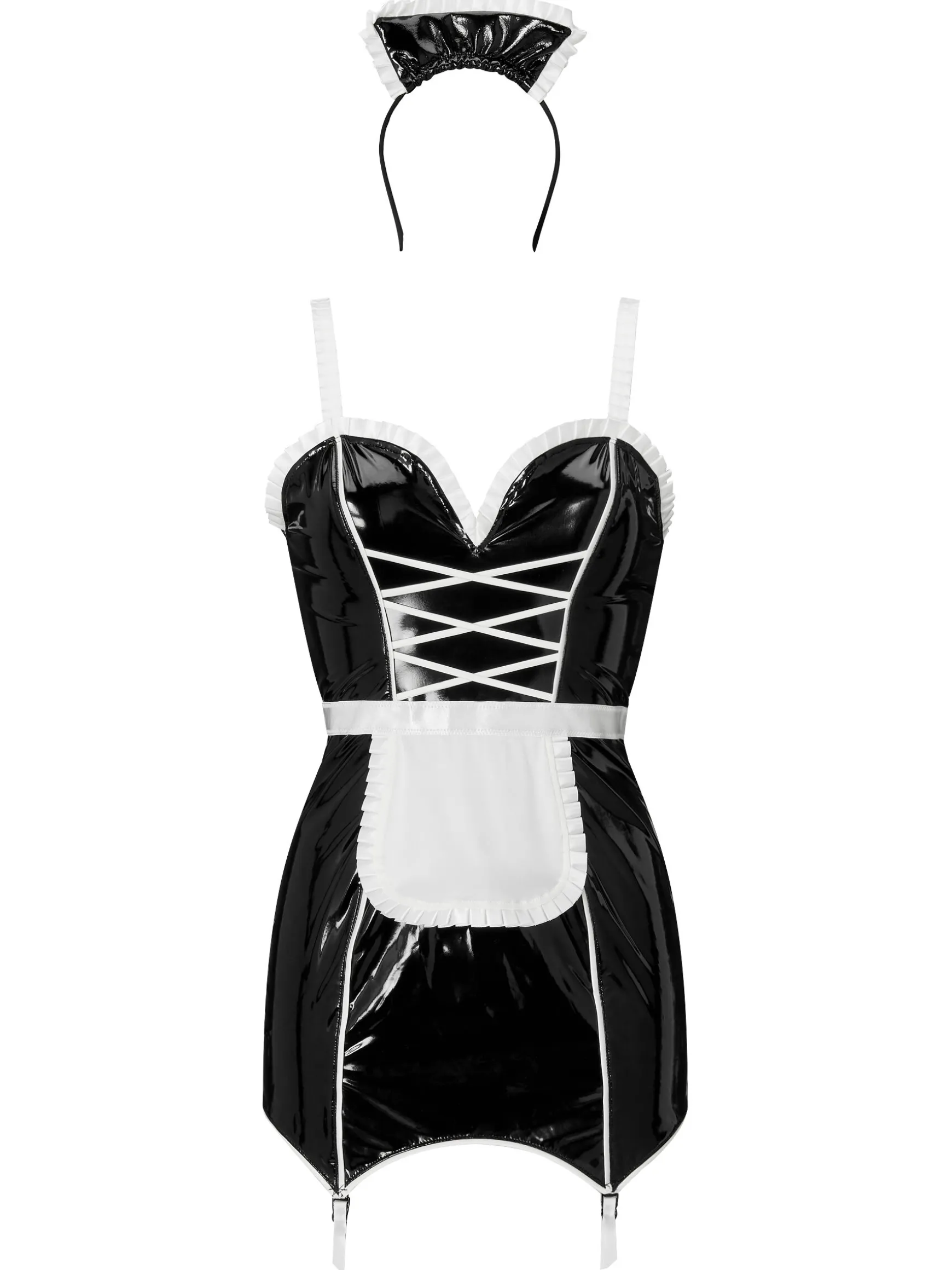 Mistress Maid 2-Piece PU Sexy Fancy Dress Costume with Headband - Black