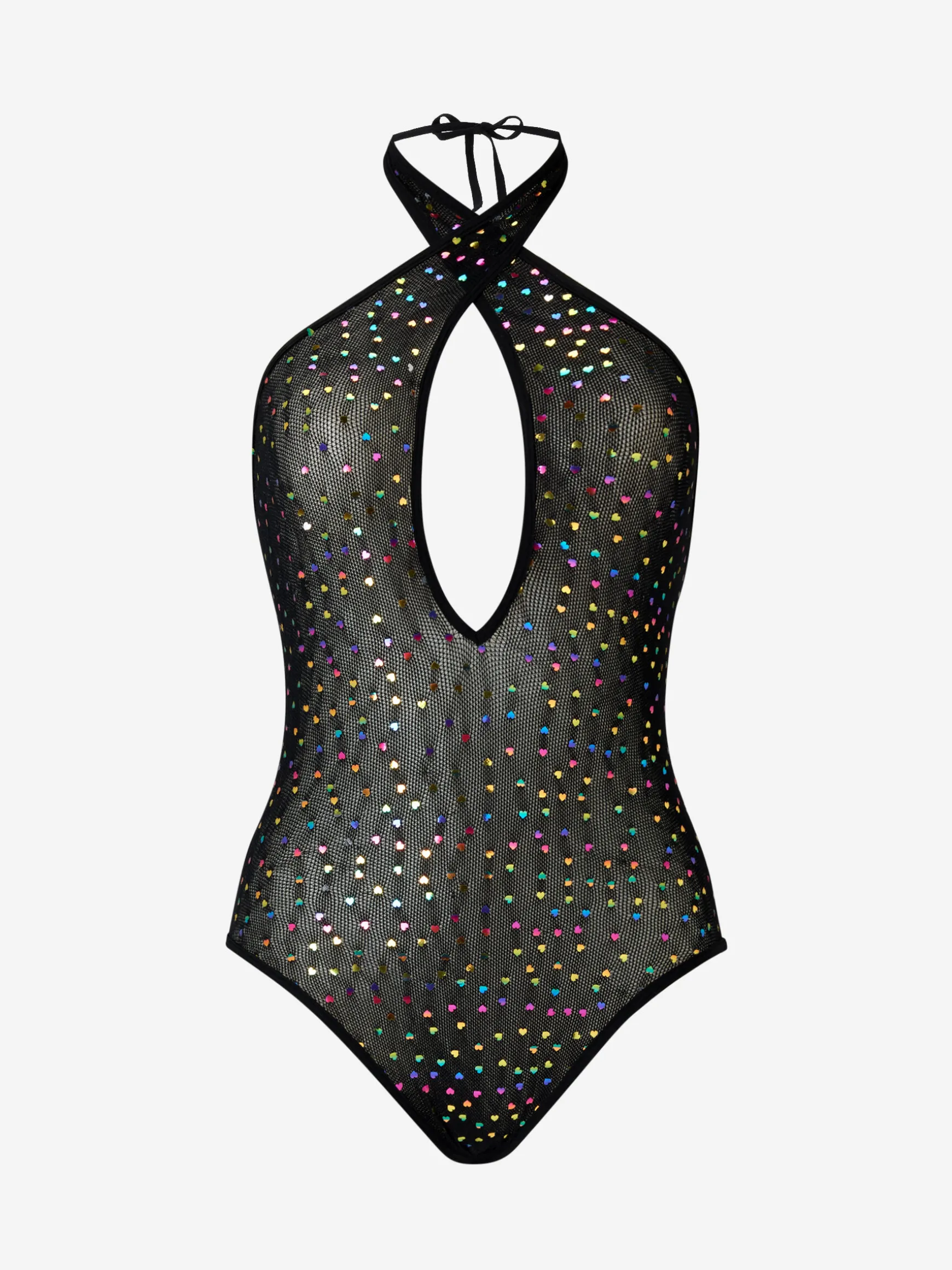 Neon Heart Embellished Halterneck Lingerie Body - Multi