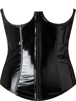 Obsidian Lust Open Cup Zip Through PU Corset - Black