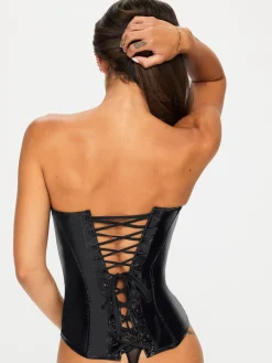 Obsidian Lust Open Cup Zip Through PU Corset - Black