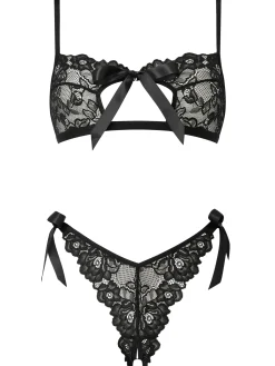 One More Kiss Lace Crotchless Lingerie 2 Piece Set - Black