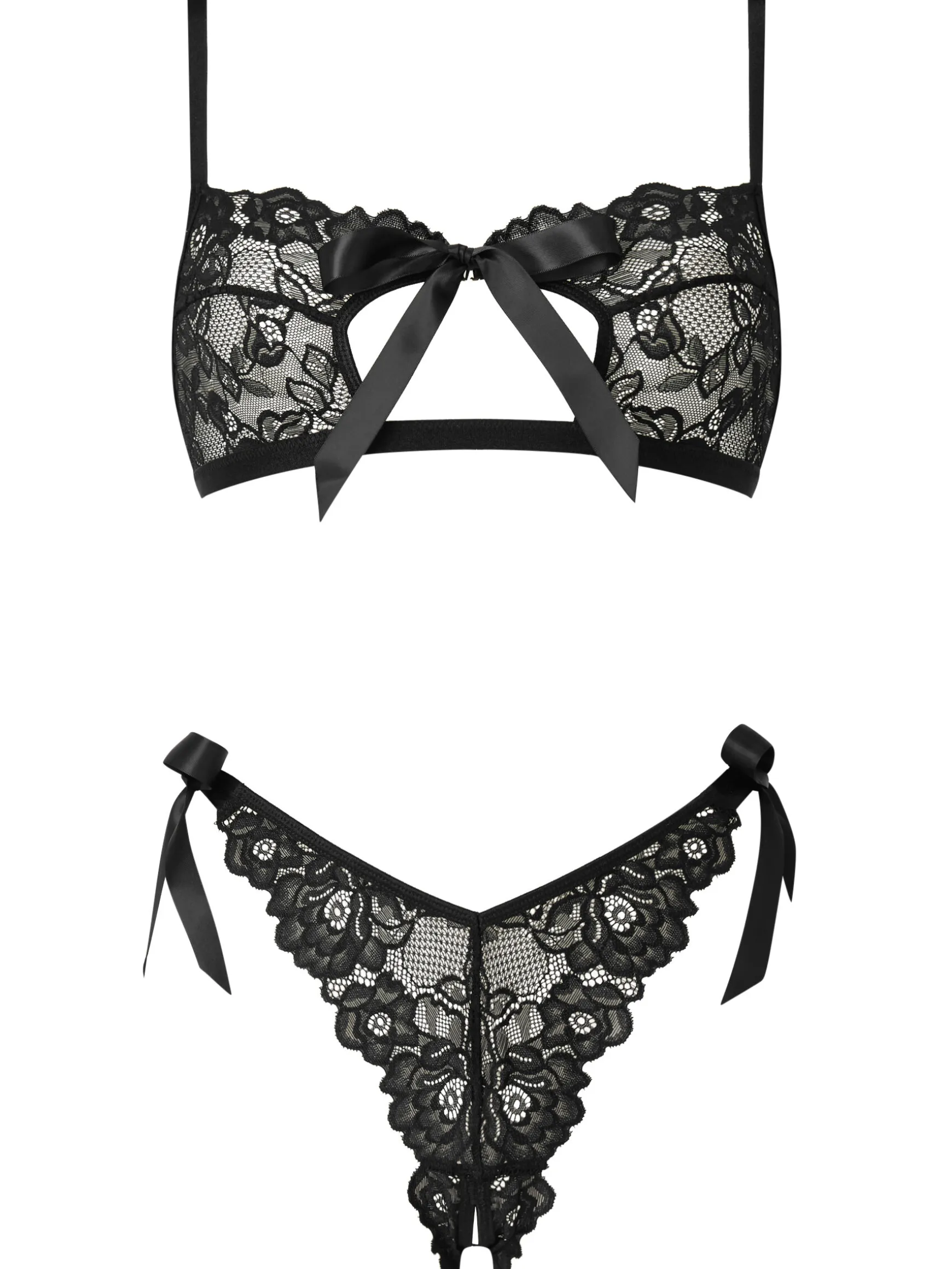 One More Kiss Lace Crotchless Lingerie 2 Piece Set - Black