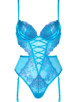 Pearlescent Embroidered Padded Lingerie Body - Turquoise