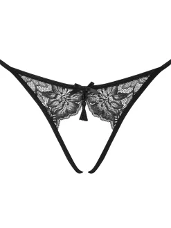 Peep Show Lace Crotchless Brazilian Knickers - Black