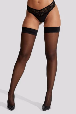 Plain Top Seamed Glossy Hold Ups - Black
