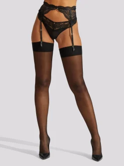 Plain Top Seamed Glossy Stockings - Black