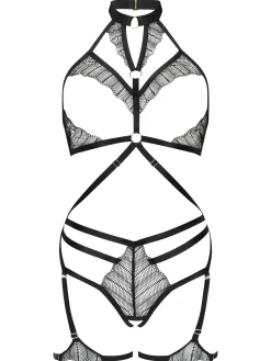 Please Me Lace Crotchless Lingerie Body - Black