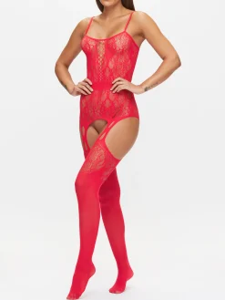 Risk Taker Fishnet Lace Crotchless Bodystocking - Red