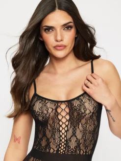 Risk Taker Fishnet Lace Crotchless Bodystocking - Black