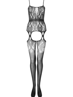 Risk Taker Fishnet Lace Crotchless Bodystocking - Black
