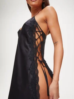 Rosalie Satin Lace Trim Chemise Lingerie - Black