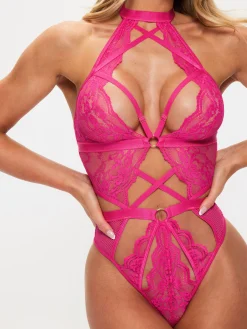Rosella Lace Halterneck Crotchless Lingerie Body - Pink
