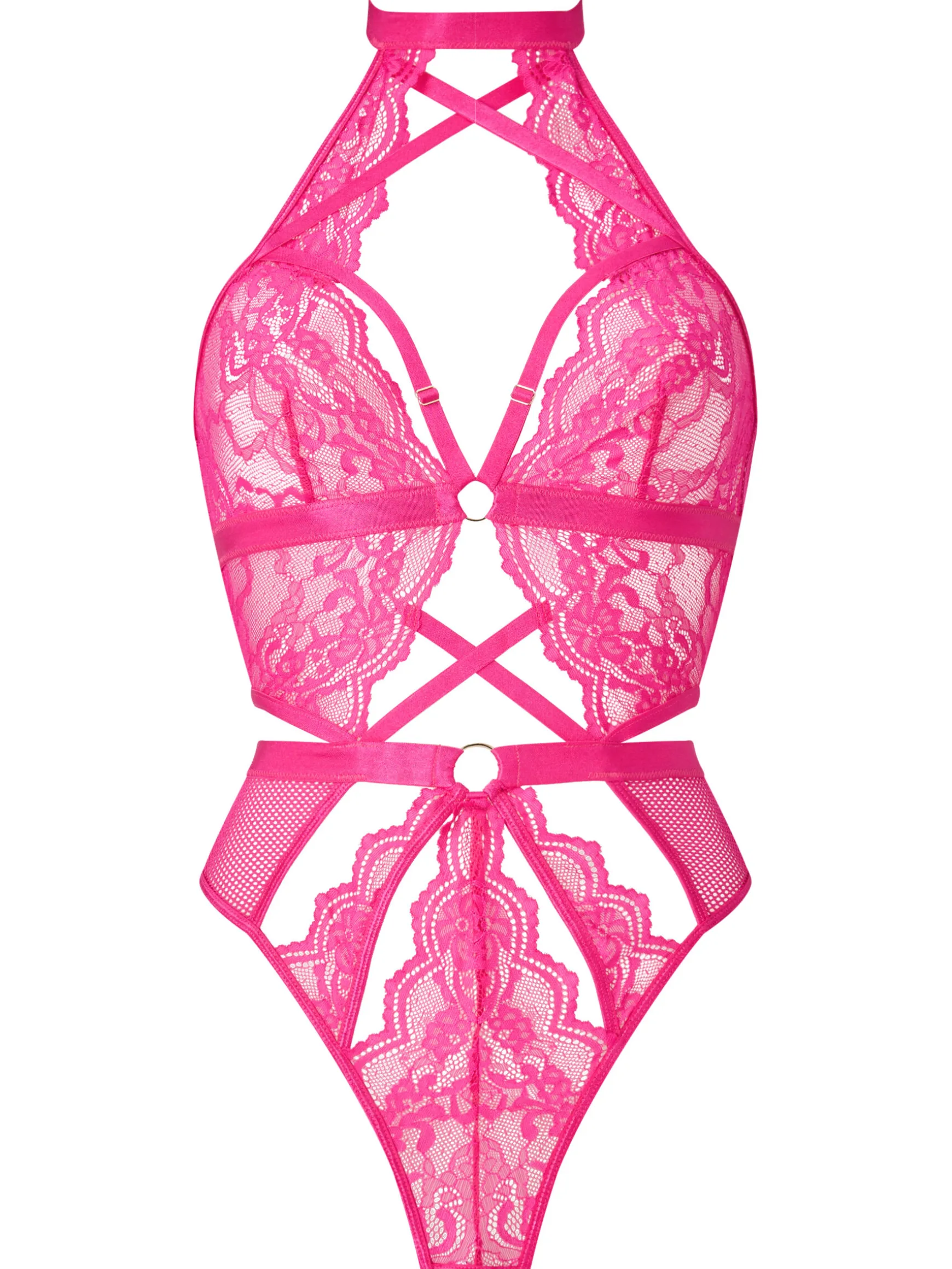 Rosella Lace Halterneck Crotchless Lingerie Body - Pink