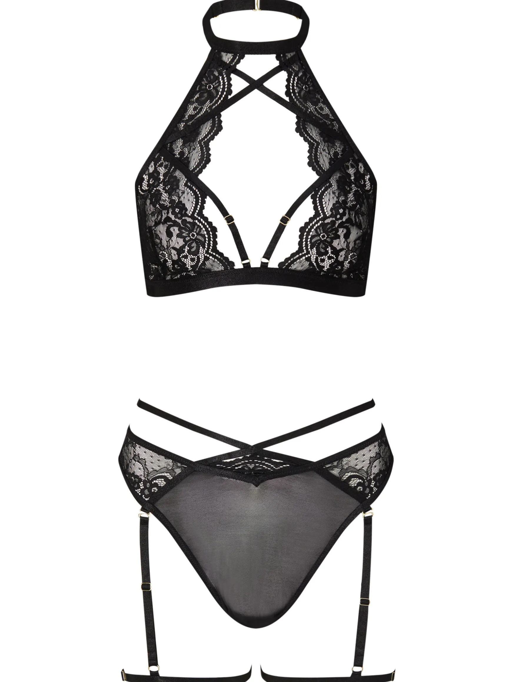 Rosella Lace Halterneck Crotchless Lingerie 2 Piece Set - Black