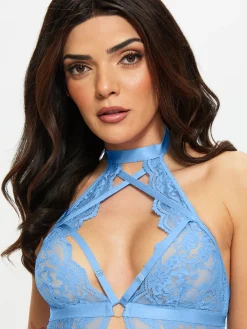 Rosella Lace Halterneck Crotchless Lingerie Body - Light Blue