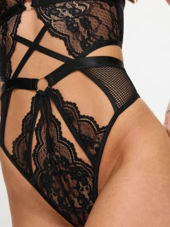 Rosella Lace Halterneck Crotchless Lingerie Body - Black
