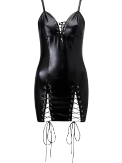 Saskia PU Lace Up Zip Through Back Erotic Mini Dress - Black