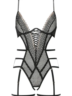 Seductive Aura Guipure Fishnet Crotchless Lingerie Body - Black
