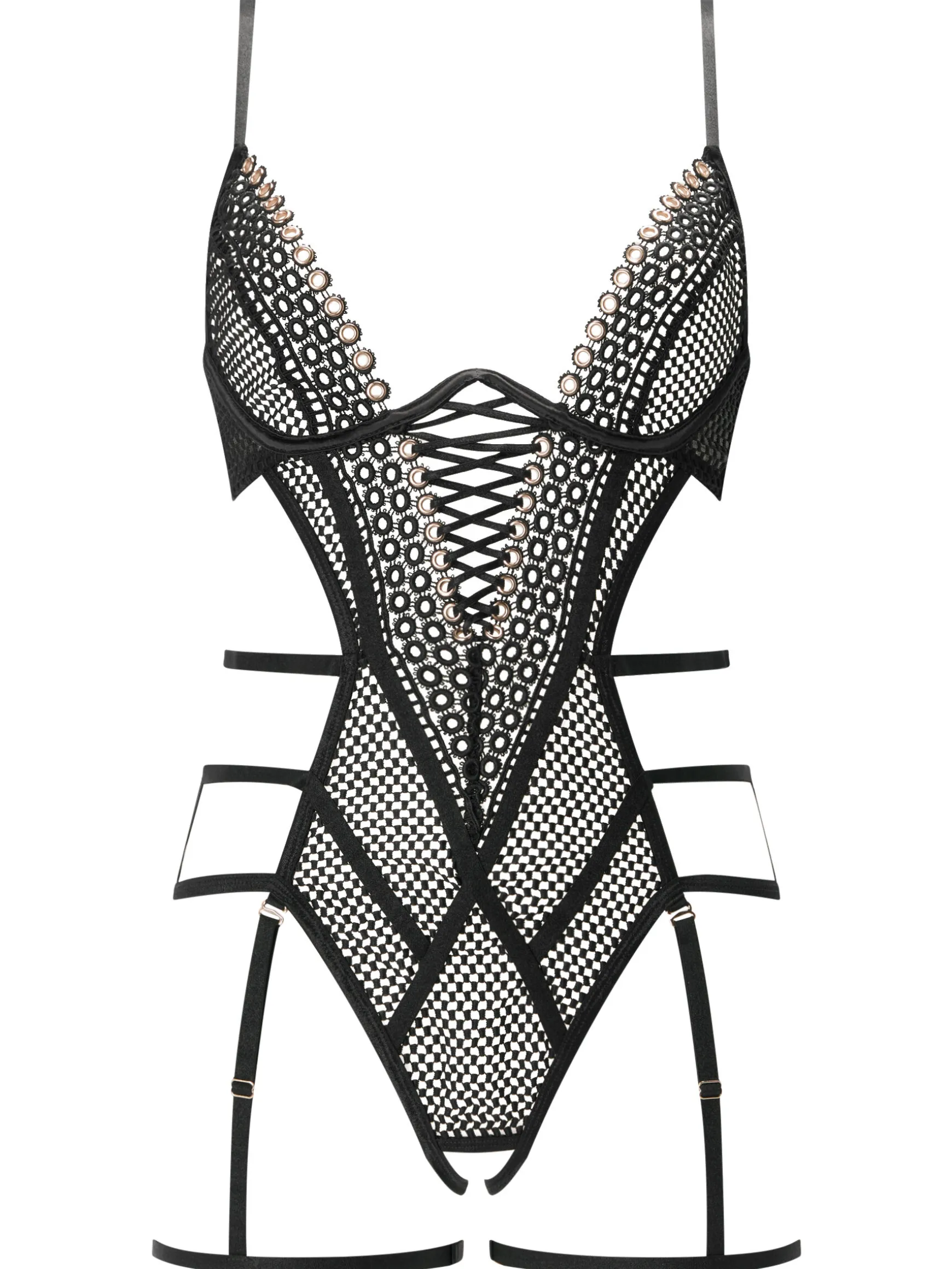 Seductive Aura Guipure Fishnet Crotchless Lingerie Body - Black