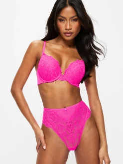 Sexy Lace High Waisted Brazilian Knickers - Bright Pink