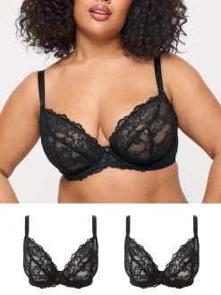 Sexy Lace Non Padded Fuller Bust Plunge Bra - Pack of 2 - Black