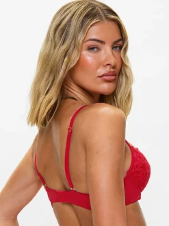 Sexy Lace Padded Balcony Bra - Red