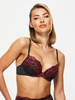Sexy Lace Padded Plunge Bra - Black/Red