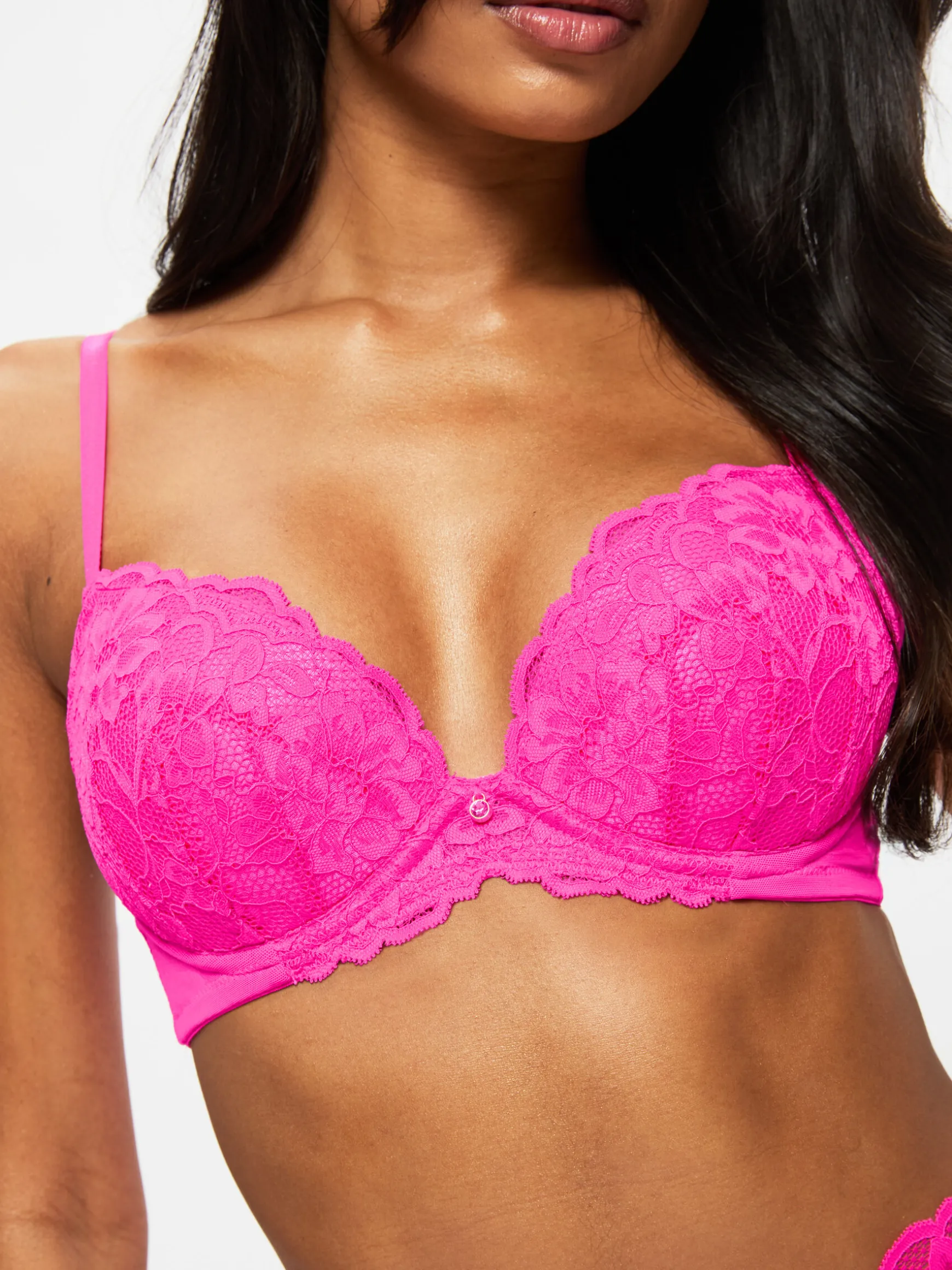 Sexy Lace Padded Plunge Bra - Bright Pink