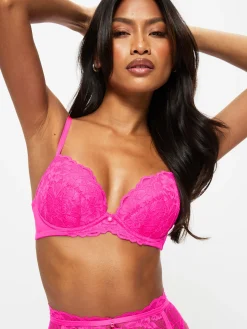 Sexy Lace Padded Plunge Bra - Bright Pink
