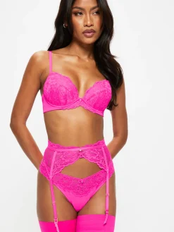 Sexy Lace Padded Plunge Bra - Bright Pink