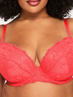 Sexy Lace Padded Plunge Bra - Coral