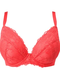 Sexy Lace Padded Plunge Bra - Coral