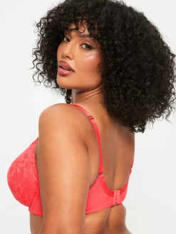 Sexy Lace Padded Plunge Bra - Coral