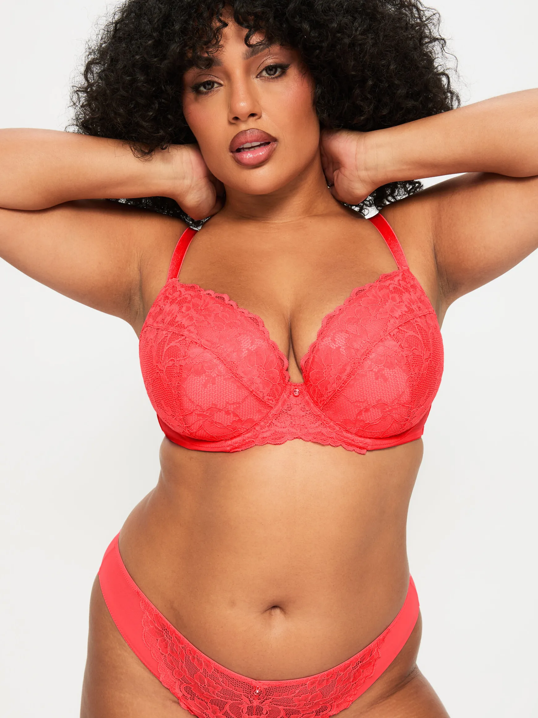 Sexy Lace Padded Plunge Bra - Coral