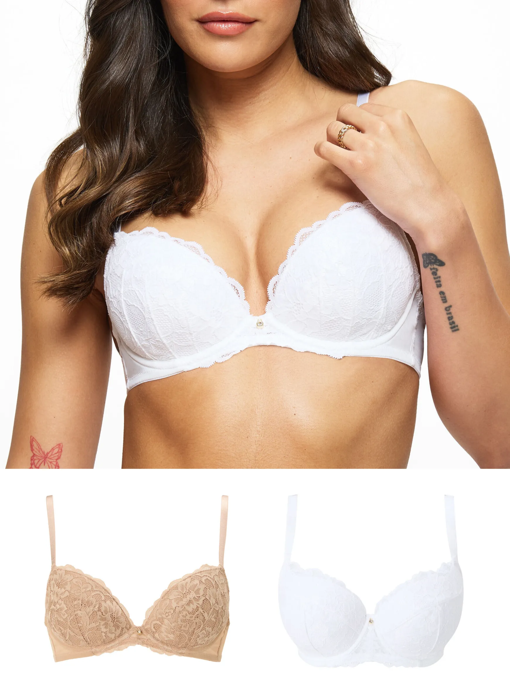 Sexy Lace Padded Plunge Bra - Pack of 2 - White/Nude