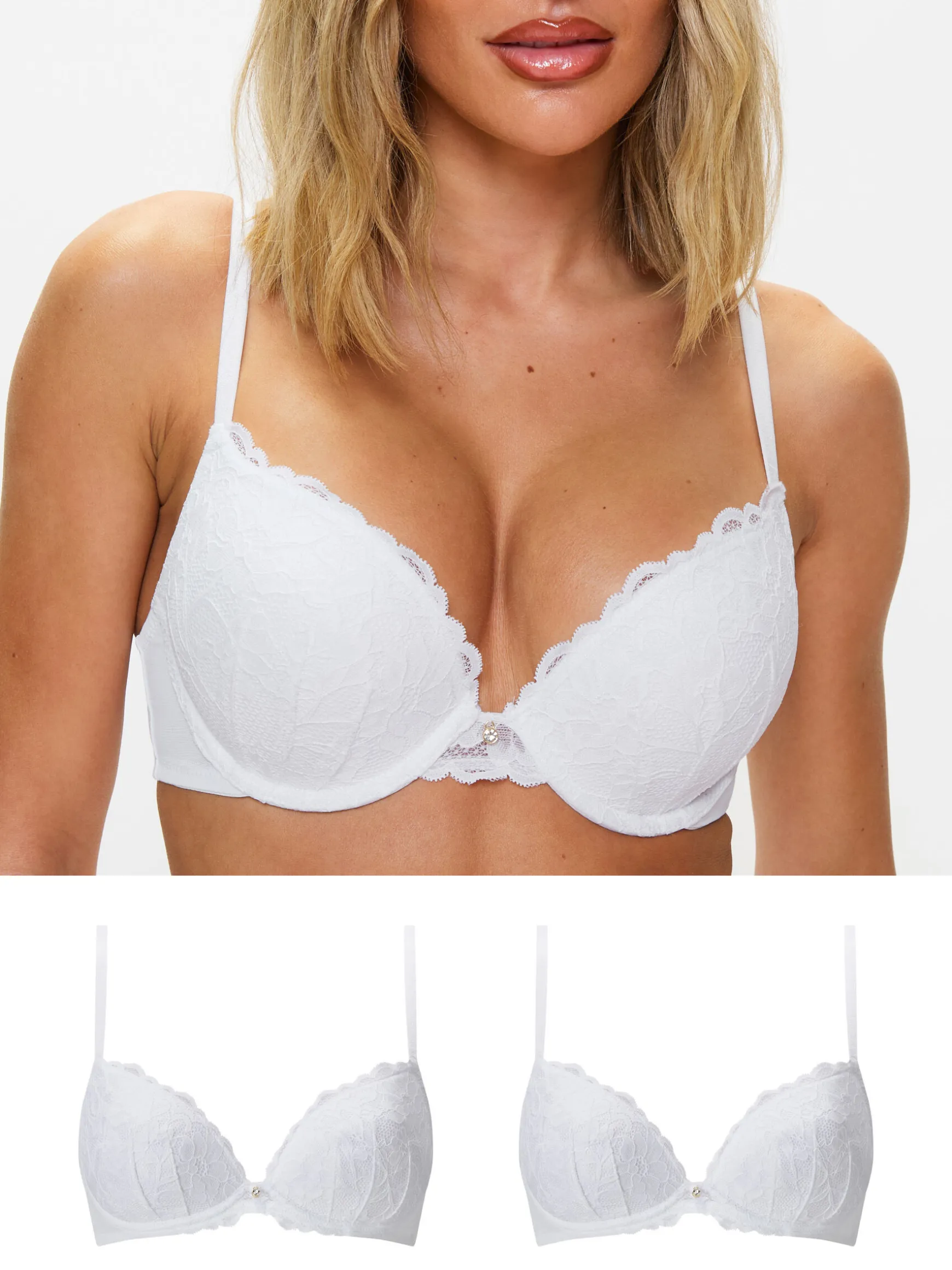 Sexy Lace Padded Plunge Bra - Pack of 2 - White