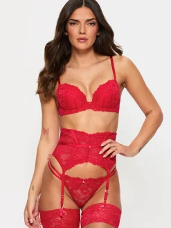 Sexy Lace Padded Plunge Bra - Red