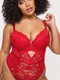 Sexy Lace Padded Plunge Lingerie Body - Red
