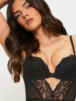 Sexy Lace Padded Plunge Lingerie Body - Black