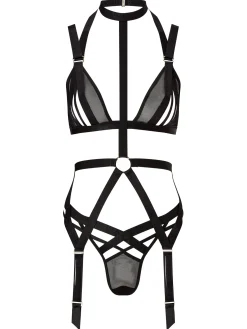 Shadow Crotchless Lingerie 3 Piece Set - Black