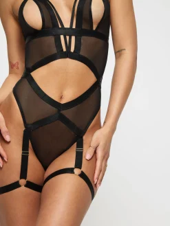 Shadow Mesh Peep Hole Crotchless Lingerie Body - Black