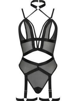 Shadow Mesh Peep Hole Crotchless Lingerie Body - Black