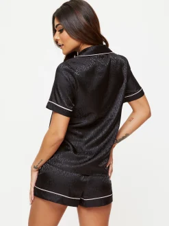Signature Satin Pyjama Shirt & Shorts Set - Black