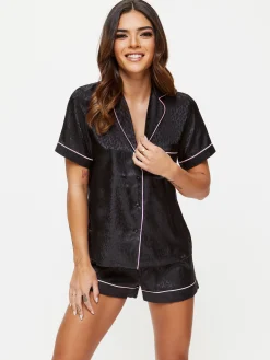 Signature Satin Pyjama Shirt & Shorts Set - Black