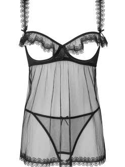 Slow Tease Open Cup Crotchless Babydoll Lingerie 2 Piece Set - Black