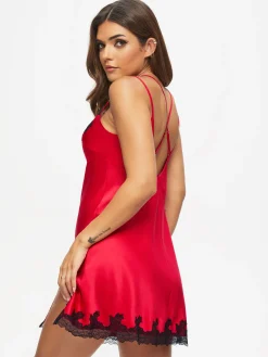 Sorella Satin Lace Trim Chemise Lingerie - Red
